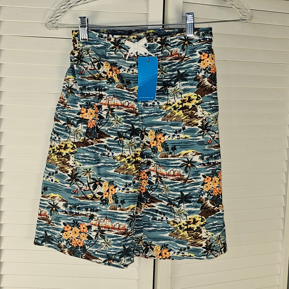 NWT Penguin Boys Pagoda Blue Hawaiian Board Shorts Swim Medium 10‎ 12